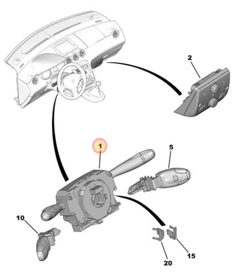 Originele tweedehands stuurschakelaars COM-module Peugeot 308 T7 - richtingaanwijzers en ruitenwissers - OEM (6242 TV / 98 069 978 XT)