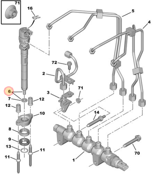 Originele tweedehands injector Peugeot 308 T7 1.6 HDi - motorcode DV6TED4 - OEM (1980 K9 / 16 098 507 80)