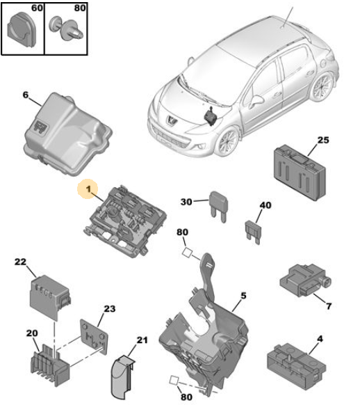 Originele BSM (zekeringkast motorruimte) van een Peugeot 207 CC (OEM 6500 HW / 6500 HV), bouwjaar 2008

