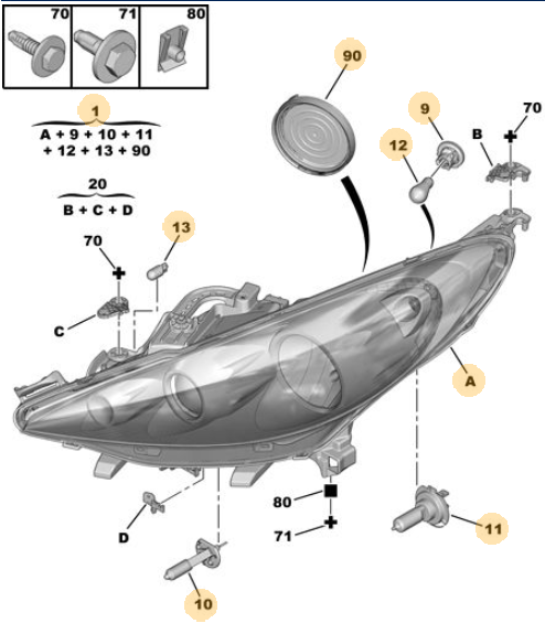 Originele koplamp rechts van een Peugeot 207 CC (OEM 6206 95), bouwjaar 2008