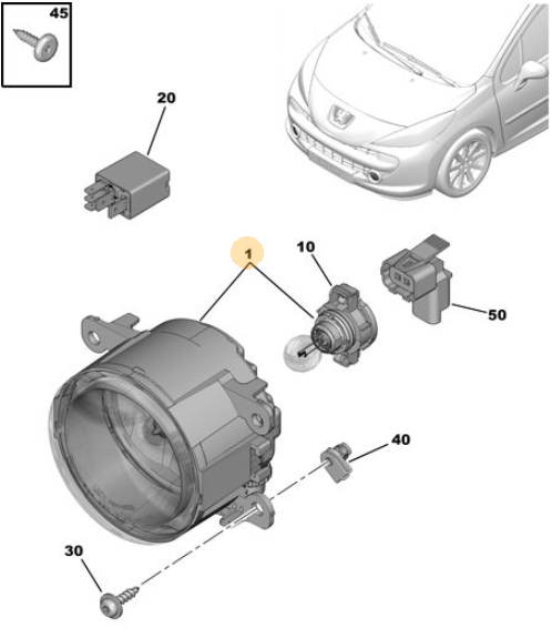 Originele mistlamp vooraan van een Peugeot 207 CC (OEM 6206 N0), bouwjaar 2008