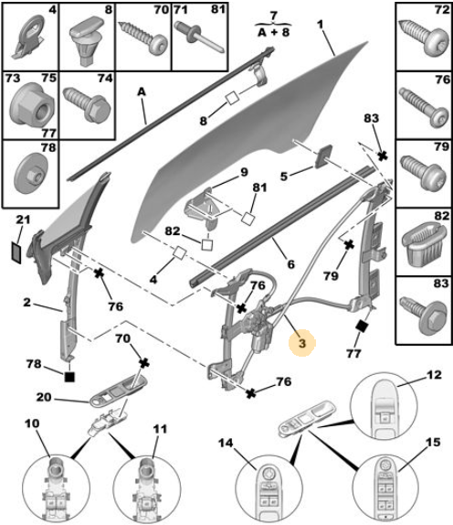 Origineel elektrisch raammechanisme links van een Peugeot 207 CC (OEM 9221 AC), bouwjaar 2008