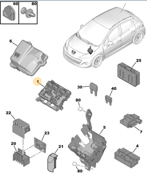 Originele BSM zekeringkast motorruimte van een Peugeot 207 CC (OEM 6500 HW / 6500 HV), bouwjaar 2009