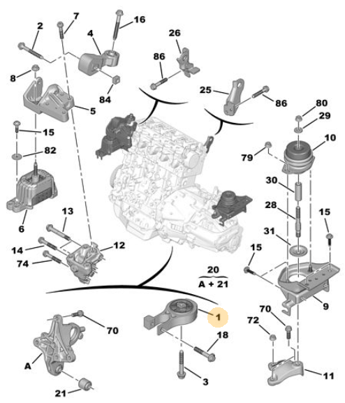 Originele motorsteun van een Peugeot Expert G9 (OEM 1806 H4), bouwjaar 2014

