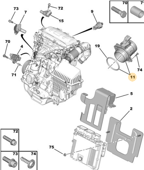 Originele luchtmassameter van een Peugeot 3008 T84 (OEM 1920 QV), bouwjaar 2012